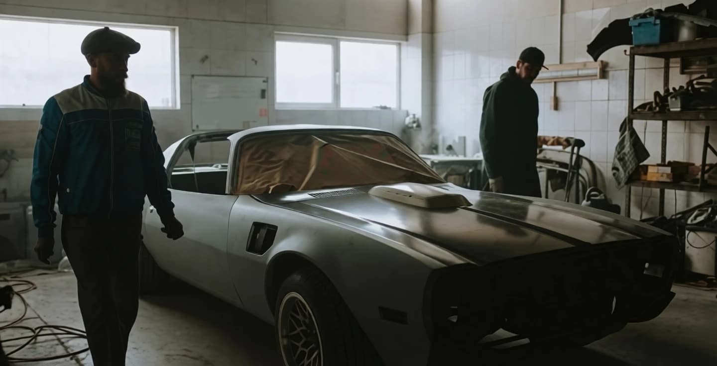 Auto repair garage with mechanics working on a classic car